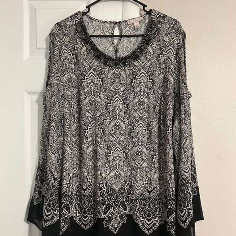 Christopher Banks Women’s 3X Black Ivory Embellished Tunic Blouse Bell Sleeve
